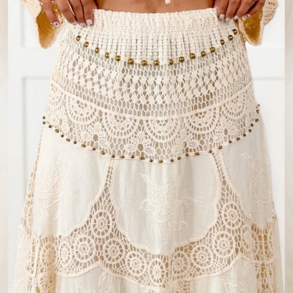ONE LEFT POL Cream Crochet Knit Metallic Beaded Elastic Waist Maxi Skirt - Picture 2 of 6